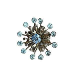 Vintage Baby Blue And Silvertone Raised Snowflake Starburst Brooch Pin